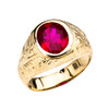 Men's Yellow Gold Engraved Design Red CZ Solitaire Ring