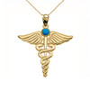 Yellow Gold Turquoise "Caduceus"  Medical Pendant Necklace