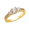 Three Stones Art Deco Diamond Yellow Gold Engagement and Proposal Ring With 1 Carat White Topaz Centerstones