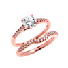 Rose Gold Dainty Diamond Wedding Ring Set With 1 Carat White Topaz Center Stone