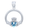 Silver Claddagh Aquamarine CZ Heart Charm Pendant (S)