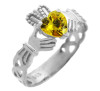 White Gold Claddagh Trinity Band with Citrine Yellow CZ Heart