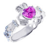 18K White Gold Diamond Claddagh Ring with 0.4 Ct.  Pink Tourmaline
