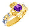 18K Yellow Gold Diamond Claddagh Ring With 0.4 Ct  Amethyst