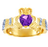 18K Yellow Gold Diamond Claddagh Ring With 0.4 Ct  Amethyst