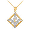 Two-Tone Gold Square Freemason Diamond Masonic Pendant Necklace