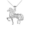 Satin Finish Diamond Cut White Gold Horse Charm Pendant Necklace