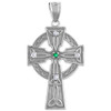 Silver Celtic Trinity Diamond Cross Pendant Necklace with Emerald