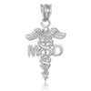 White Gold Medical Doctor MD Caduceus Charm Pendant Necklace