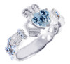 18K White Gold Diamond Claddagh Ring with 0.40 Carats of Diamonds and Aquamarine Birthstone.