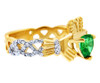 Gold Diamond Claddagh Ring 0.40 Carats with Emerald Colored Stone