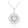 Heart disc pendant necklace with diamonds and sapphire in 14k white gold.