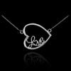 14K White Gold Sideways Open Heart "Love" Script Necklace