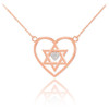 14K Rose Gold Open Heart Star of David Diamond Pave Heart Necklace