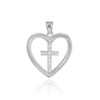 White Gold Open Heart Diamond Cross Pendant Necklace