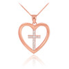 Rose Gold Open Heart Diamond Cross Pendant Necklace