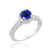 Blue Sapphire White Gold Halo Diamond Pave Engagement Ring