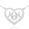 14K White Gold Diamond Studded "Mom" Heart Necklace
