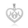 14K White Gold Diamond Studded "Mom" Heart Pendant Necklace