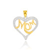 14K Two-Tone Gold Diamond Studded "Mom" Heart Pendant Necklace
