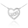 14K White Gold Diamond Half Studded "Mom" Heart Necklace