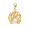 Gold Horseshoe with Horse Head Charm Pendant Necklace