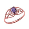 Elegant Beaded Solitaire Ring With June Birthstone Purple CZ Centerstone and White Topaz in Rose Gold