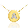 Letter "A" disc necklace with diamonds in 14k yellow gold.