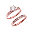 Rose Gold Channel Set Diamond Engagement And Wedding Ring Set With 1 Carat White Topaz Center stone