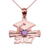 Rose Gold Heart February Birthstone Amethyst CZ Class of 2017 Graduation Pendant Necklace