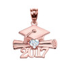 Rose Gold Heart March Birthstone Aqua CZ Class of 2017 Graduation Pendant Necklace