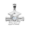 White Gold Heart March Birthstone Aqua CZ Class of 2017 Graduation Pendant Necklace