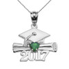 Sterling Silver Heart May Birthstone Green CZ Class of 2017 Graduation Pendant Necklace