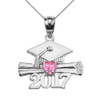 White Gold Heart October Birthstone Pink CZ Class of 2017 Graduation Pendant Necklace