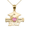 Yellow Gold Heart October Birthstone Pink CZ Class of 2017 Graduation Pendant Necklace