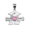Sterling Silver Heart October Birthstone Pink CZ Class of 2017 Graduation Pendant Necklace