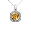 Halo Diamond and Citrine Dainty White Gold Pendant Necklace
