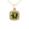 Halo Diamond and Peridot Dainty Yellow Gold Pendant Necklace