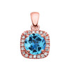 Halo Diamond and Blue Topaz Dainty Rose Gold Pendant Necklace