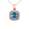 Halo Diamond and Blue Topaz Dainty Rose Gold Pendant Necklace