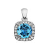 Halo Diamond and Blue Topaz Dainty White Gold Pendant Necklace