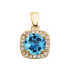 Halo Diamond and Blue Topaz Dainty Yellow Gold Pendant Necklace