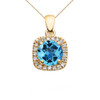 Halo Diamond and Blue Topaz Dainty Yellow Gold Pendant Necklace