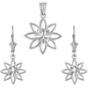 14K White Gold Polished Daisy Necklace Earring Set