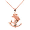 High Polished Rose Gold Textured Dolphin Anchor Pendant Necklace