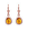 Diamond And Checkerboard Citrine Rose Gold Dangling Earrings