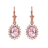 Diamond And October Birthstone Pink CZ Rose Gold Dangling Earrings