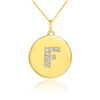 Letter "F" disc pendant necklace with diamonds in 10k or 14k yellow gold.