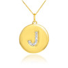 Letter "J" disc pendant necklace with diamonds in 10k or 14k yellow gold.