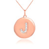 Letter "J" disc pendant necklace with diamonds in 14k rose gold.